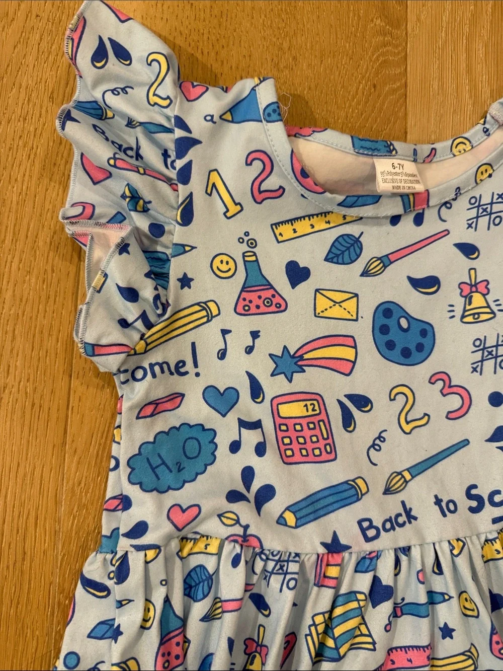 NWOT Girls' Light Blue Back to School Print Flutter-Sleeve Dress size 6-7